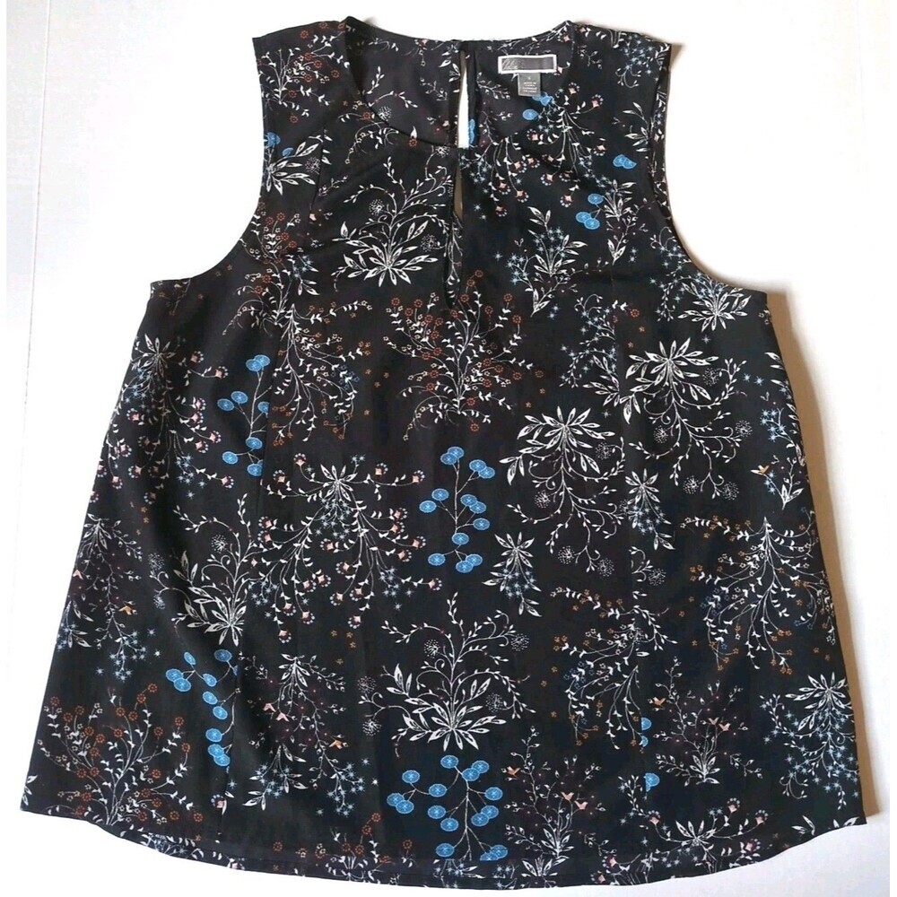 Chelsea28 Dark Floral Sleeveless Tank Top Blouse Womens S Black Keyhole Office